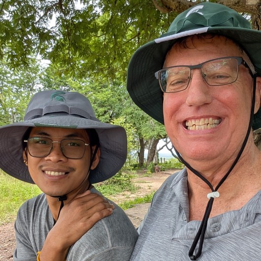 Craig Dodge and Channy Chhoeun on Phnom Krom hill, Siem Reap, Cambodia